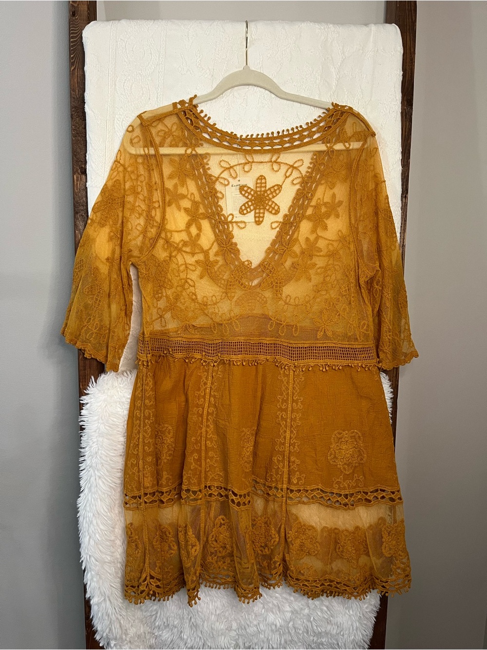 NWT Eomenie Boho Yellow Lace Swimsuit Beach Cover Up Mini Dress - Picture 4 of 5